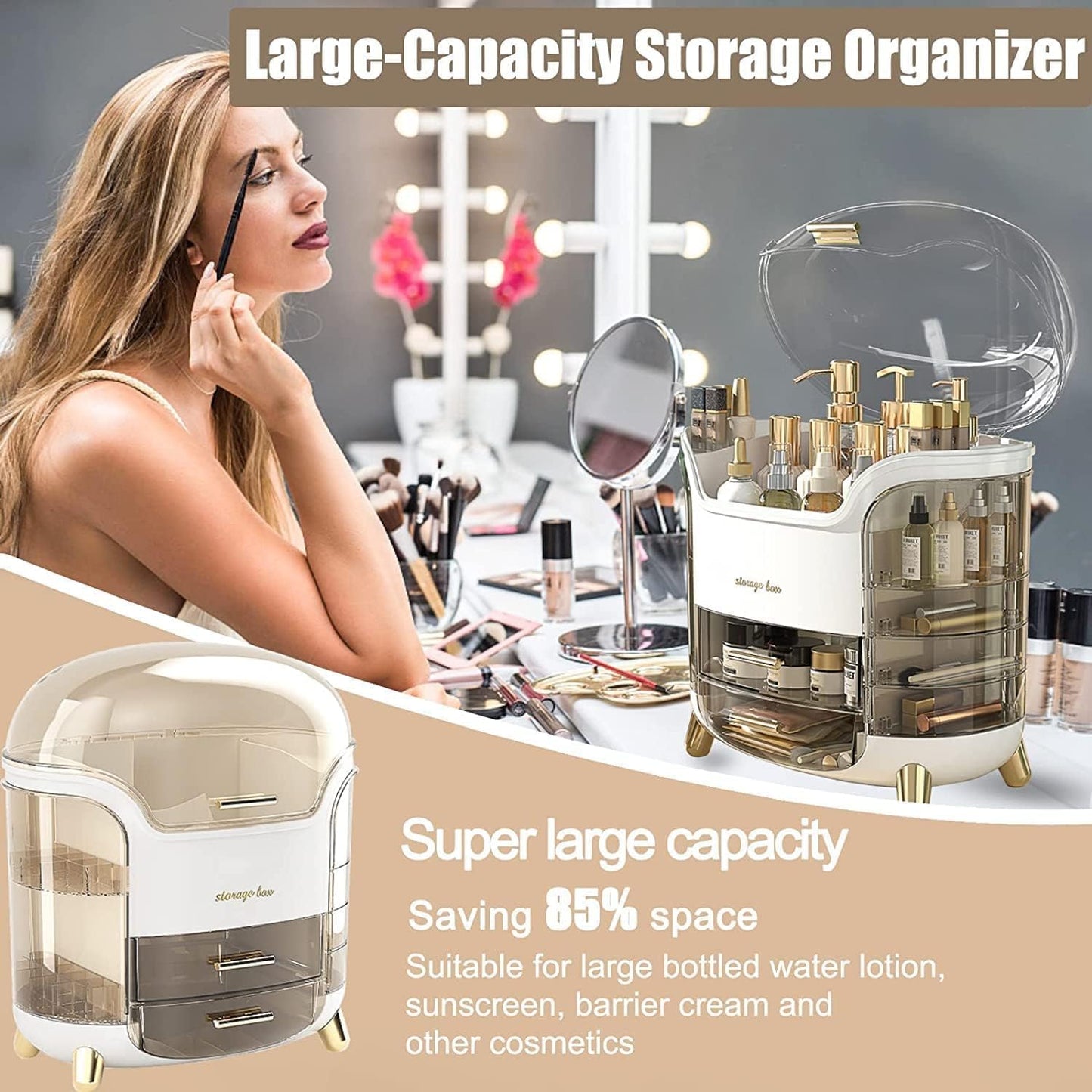 Makeup Organizer for Vanity, Portable Cosmetic Storage Box with Drawer and Transparent Lid, Dustproof and Waterproof Large Countertop Organizer Make Up Holder for Bedroom, Bathroom Skincare