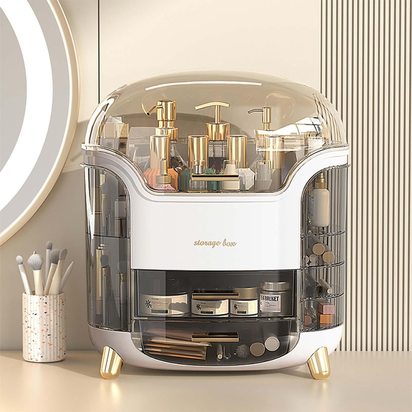 Makeup Organizer for Vanity, Portable Cosmetic Storage Box with Drawer and Transparent Lid, Dustproof and Waterproof Large Countertop Organizer Make Up Holder for Bedroom, Bathroom Skincare