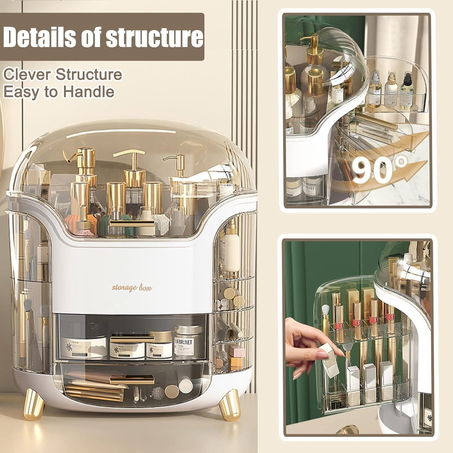 Makeup Organizer for Vanity, Portable Cosmetic Storage Box with Drawer and Transparent Lid, Dustproof and Waterproof Large Countertop Organizer Make Up Holder for Bedroom, Bathroom Skincare