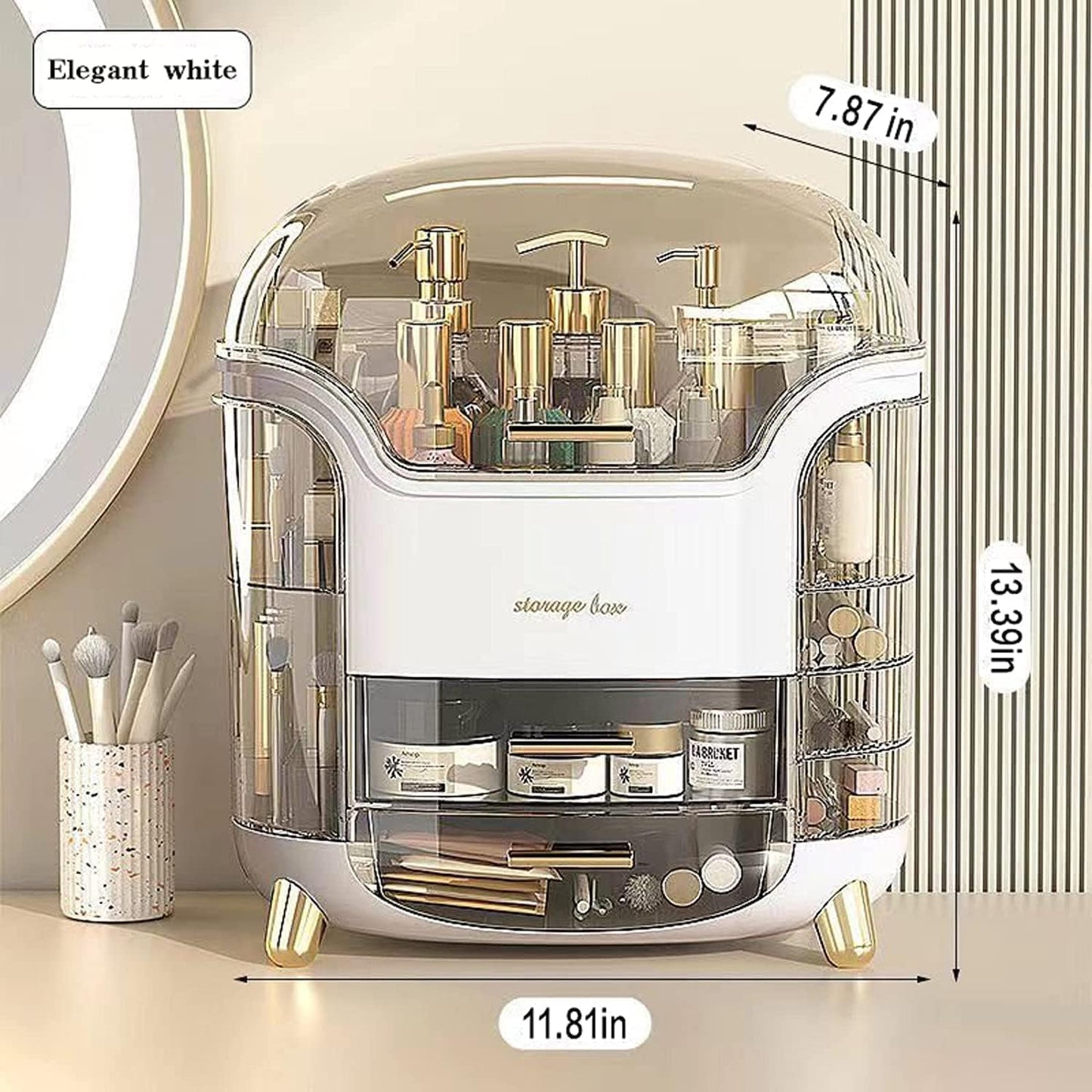Makeup Organizer for Vanity, Portable Cosmetic Storage Box with Drawer and Transparent Lid, Dustproof and Waterproof Large Countertop Organizer Make Up Holder for Bedroom, Bathroom Skincare
